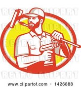Vector Clip Art of Retro Handyman Holding a Paint Roller over His Shoulder and a Cordless Drill in Hand, Emerging from an Orange Gray White and Yellow Oval by Patrimonio