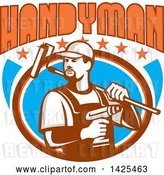 Vector Clip Art of Retro Handyman Holding a Paint Roller over His Shoulder and a Cordless Drill in Hand, Emerging from an Oval with Stars Under Text by Patrimonio