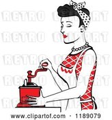 Vector Clip Art of Retro Happy Black Haired Housewife Using a Manual Coffee Grinder in Profile 2 by Andy Nortnik