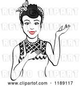 Vector Clip Art of Retro Happy Black Haired Housewife, Waitress or Maid Lady Wearing an Apron and Presenting by Andy Nortnik