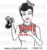 Vector Clip Art of Retro Happy Black Haired Lady in an Apron, Holding up a Bottle of Cooking Oil 2 by Andy Nortnik