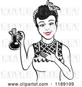 Vector Clip Art of Retro Happy Black Haired Lady in an Apron, Holding up a Bottle of Cooking Oil by Andy Nortnik