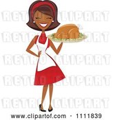 Vector Clip Art of Retro Happy Black Lady Carrying a Roasted Thanksgiving or Christmas Turkey on a Platter by Amanda Kate