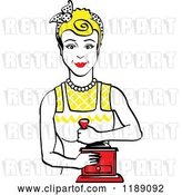Vector Clip Art of Retro Happy Blond Housewife Using a Manual Coffee Grinder 2 by Andy Nortnik