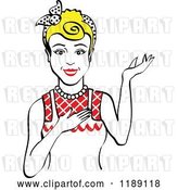 Vector Clip Art of Retro Happy Blond Housewife, Waitress or Maid Lady Wearing an Apron and Presenting by Andy Nortnik
