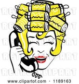 Vector Clip Art of Retro Happy Blond Housewife with Her Hair up in Curlers, Laughing While Talking on a Landline Telephone by Andy Nortnik