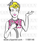 Vector Clip Art of Retro Happy Blond Lady Shrugging and Using a Salt Shaker by Andy Nortnik