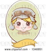 Vector Clip Art of Retro Happy Blond White Boy Wearing Aviator Goggles and a Hat in a Green Oval over a Blank Banner by BNP Design Studio