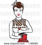 Vector Clip Art of Retro Happy Brunette Housewife Using a Manual Coffee Grinder by Andy Nortnik
