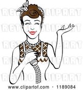 Vector Clip Art of Retro Happy Brunette Lady Shrugging and Using a Salt Shaker by Andy Nortnik