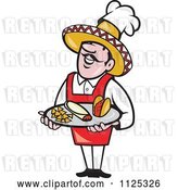 Vector Clip Art of Retro Happy Cartoon Mexican Chef Carrying a Tray with a Taco Burrito and Tortilla Chips by Patrimonio