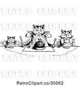 Vector Clip Art of Retro Happy Cats Eating at a Table by Prawny Vintage