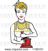 Vector Clip Art of Retro Happy Dirty Blond Housewife Using a Manual Coffee Grinder by Andy Nortnik