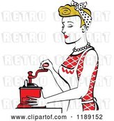 Vector Clip Art of Retro Happy Dirty Blond Housewife Using a Manual Coffee Grinder in Profile by Andy Nortnik