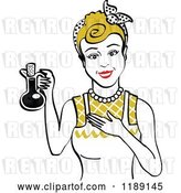 Vector Clip Art of Retro Happy Dirty Blond Lady in an Apron, Holding up a Bottle of Cooking Oil by Andy Nortnik