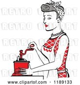 Vector Clip Art of Retro Happy Gray Haired Housewife Using a Manual Coffee Grinder in Profile 2 by Andy Nortnik