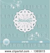 Vector Clip Art of Retro Happy Holidays 2016 Greeting with a Paper Snowflake, Ribbon and Flourishes on Pastel Blue by Elaineitalia
