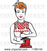 Vector Clip Art of Retro Happy Red Haired Housewife Using a Manual Coffee Grinder 2 by Andy Nortnik