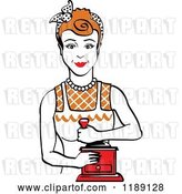 Vector Clip Art of Retro Happy Red Haired Housewife Using a Manual Coffee Grinder by Andy Nortnik