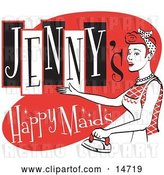 Vector Clip Art of Retro Happy Redhaired Lady in an Apron, Ironing Clothes on a Jenny's Happy Maids Advertisement by Andy Nortnik