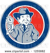 Vector Clip Art of Retro Happy Rich Guy Holding Cash Money in a Circle by Patrimonio