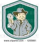 Vector Clip Art of Retro Happy Rich Guy Holding Cash Money in a Shield by Patrimonio