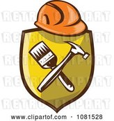 Vector Clip Art of Retro Hardhat over a Shield with a Paintbrush and Hammer by Patrimonio