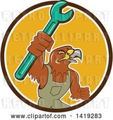 Vector Clip Art of Retro Hawk Mechanic Guy Wearing Overalls and Holding up a Spanner Wrench in a Brown White and Yellow Circle by Patrimonio