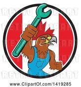 Vector Clip Art of Retro Hawk Mechanic Guy Wearing Overalls and Holding up a Spanner Wrench in a Canadian Flag Circle by Patrimonio