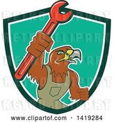 Vector Clip Art of Retro Hawk Mechanic Guy Wearing Overalls and Holding up a Spanner Wrench in a Green White and Turquoise Shield by Patrimonio
