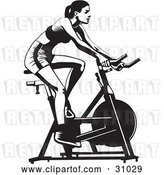 Vector Clip Art of Retro Healthy Lady Exercising on a Stationary Bicycle in a Gym by David Rey
