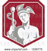 Vector Clip Art of Retro Hermes with a Caduceus in a Red Shield by Patrimonio