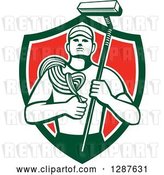 Vector Clip Art of Retro High Rise Male Window Washer Holding a Rope and Brush in a Green White and Red Shield by Patrimonio