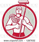 Vector Clip Art of Retro High Rise Male Window Washer Holding a Rope and Brush in a Red White and Taupe Circle by Patrimonio
