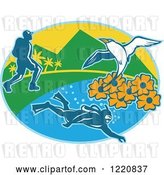 Vector Clip Art of Retro Hiker Scuba Diver and Red Billed Tropicbird with Black Eyed Susan Flowers on an Island in an Oval by Patrimonio