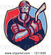 Vector Clip Art of Retro Hockey Player Holding a Stick and Crossing His Arms over a Shield by Patrimonio