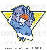 Vector Clip Art of Retro Home Builder with a Hammer, Carrying a House over a Triangle of Rays by Patrimonio