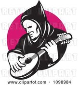 Vector Clip Art of Retro Hooded Guy Playing a Banjo over a Pink Circle by Patrimonio