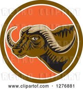 Vector Clip Art of Retro Horned African Buffalo Head in a Brown White and Orange Circle by Patrimonio