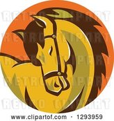 Vector Clip Art of Retro Horse Curling Its Neck in an Orange Circle by Patrimonio