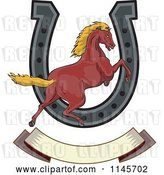 Vector Clip Art of Retro Horse Leaping over a Horseshoe and Banner by Patrimonio