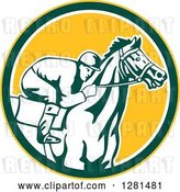 Vector Clip Art of Retro Horse Racing Jockey in a Yellow Green and White Circle by Patrimonio