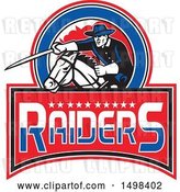 Vector Clip Art of Retro Horseback Cavalry Trooper Soldier Charging with a Sword, over Raiders Text by Patrimonio