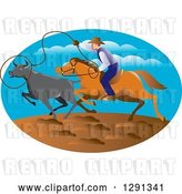 Vector Clip Art of Retro Horseback Cowboy Roping Cattle in an Oval by Patrimonio