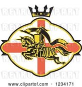 Vector Clip Art of Retro Horseback Jousting Knight Leaping over an English Flag Oval and Crown by Patrimonio