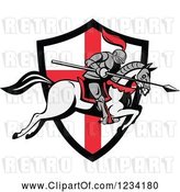 Vector Clip Art of Retro Horseback Jousting Knight Leaping over an English Flag Shield by Patrimonio