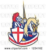 Vector Clip Art of Retro Horseback Jousting Knight over an English Flag Banner by Patrimonio