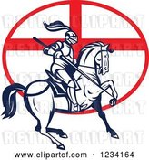 Vector Clip Art of Retro Horseback Jousting Knight over an English Flag Oval by Patrimonio