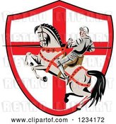 Vector Clip Art of Retro Horseback Jousting Knight with a Lance over an English Flag Shield by Patrimonio