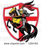 Vector Clip Art of Retro Horseback Knight with a Lance over an English Flag Shield by Patrimonio